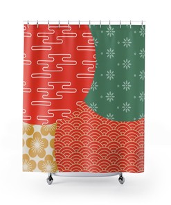 Trendy Geometric Coral, Yellow, and Green Retro Bohemian Shower Curtain for a Stylish Bathroom