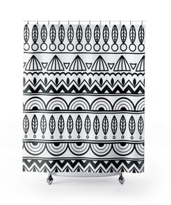 Tribal Shower Curtain, Black and White Bathroom Decor, Bohemian Line Art