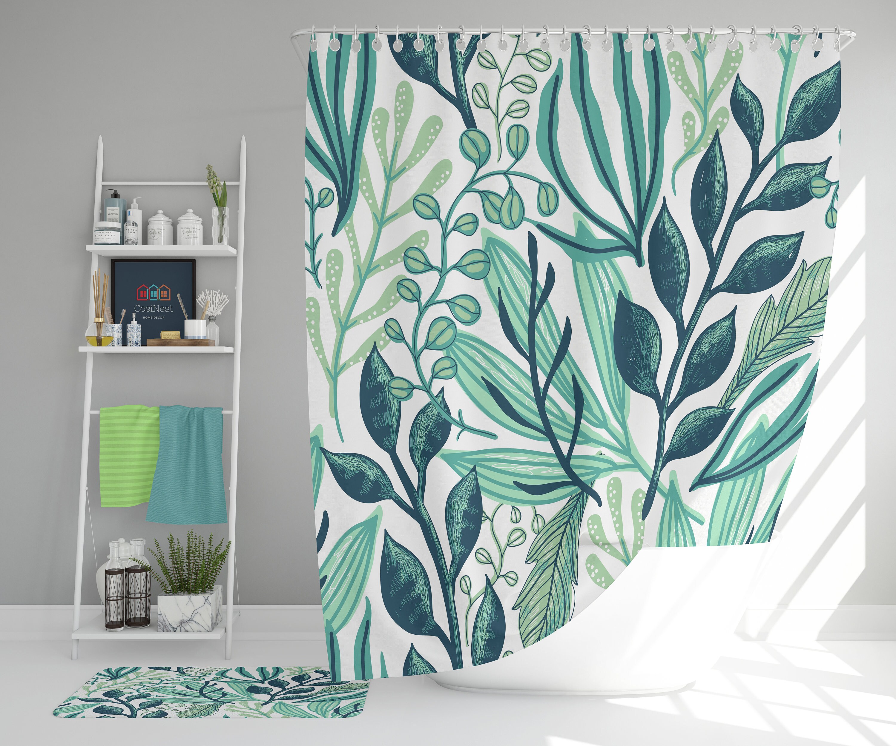 Tropical Blue Leaves Shower Curtain | Botanical Forest | Home Bathroom Decor | Nature Theme | House Warming Gift