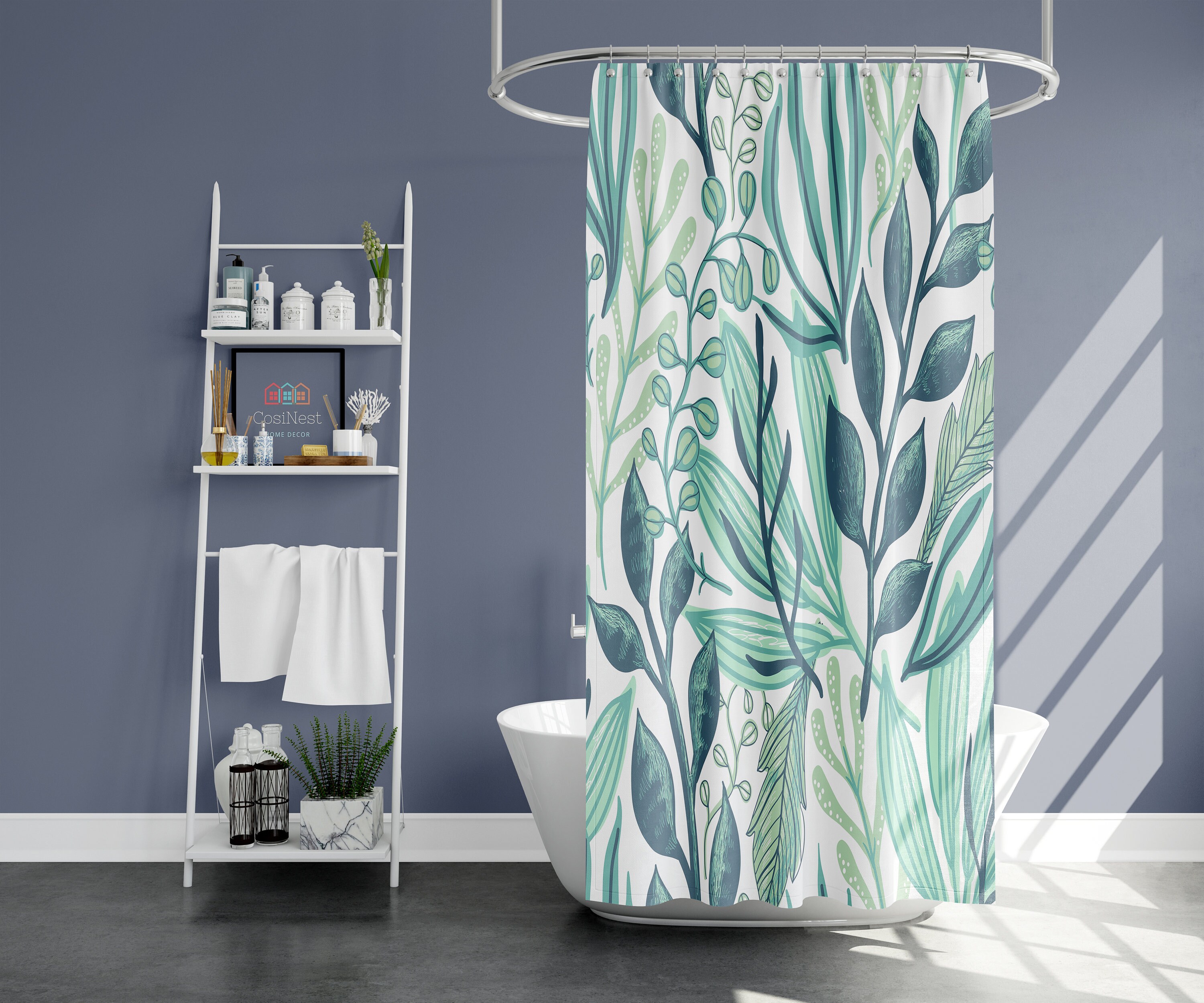 Tropical Blue Leaves Shower Curtain | Botanical Forest | Home Bathroom Decor | Nature Theme | House Warming Gift - Image 2