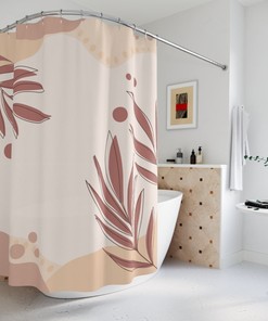 Tropical Contemporary Abstract Art Shower Curtain or Mat, Warm Earth Tones with Leaf Design for Bathroom Decor