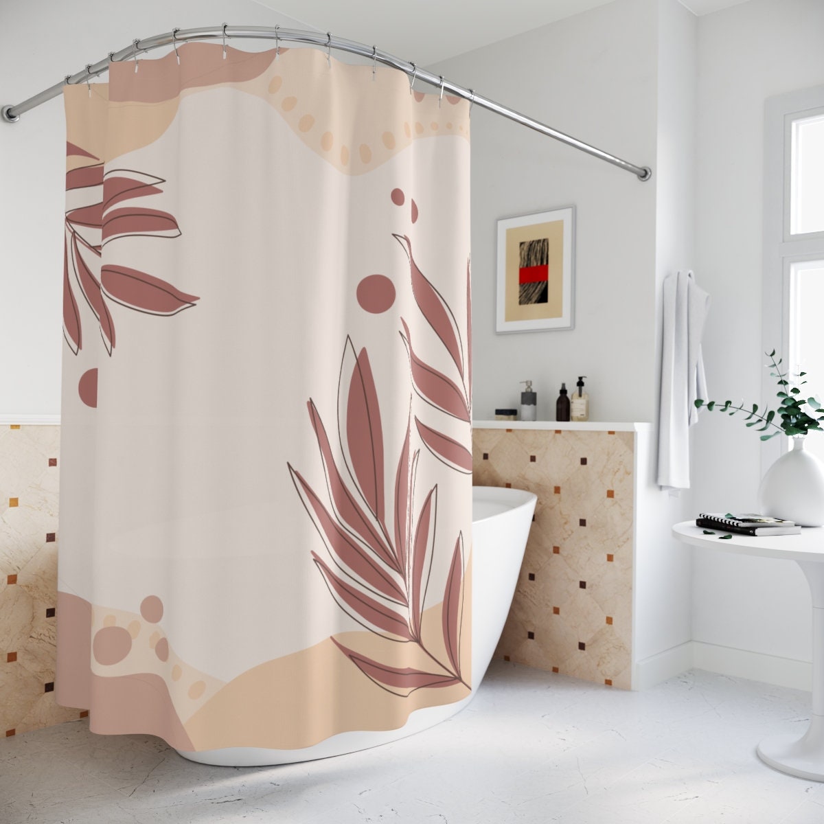 Tropical Contemporary Abstract Art Shower Curtain or Mat, Warm Earth Tones with Leaf Design for Bathroom Decor