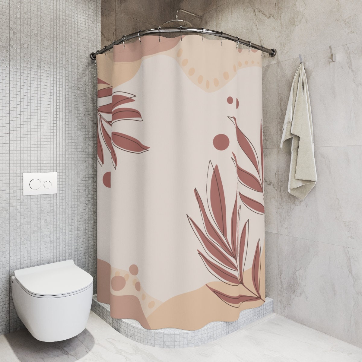 Tropical Contemporary Abstract Art Shower Curtain or Mat, Warm Earth Tones with Leaf Design for Bathroom Decor - Image 2
