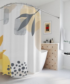 Tropical Contemporary Abstract Art Shower Curtain with Neutral Warm Earth Tones, Lakehouse Leaves Design