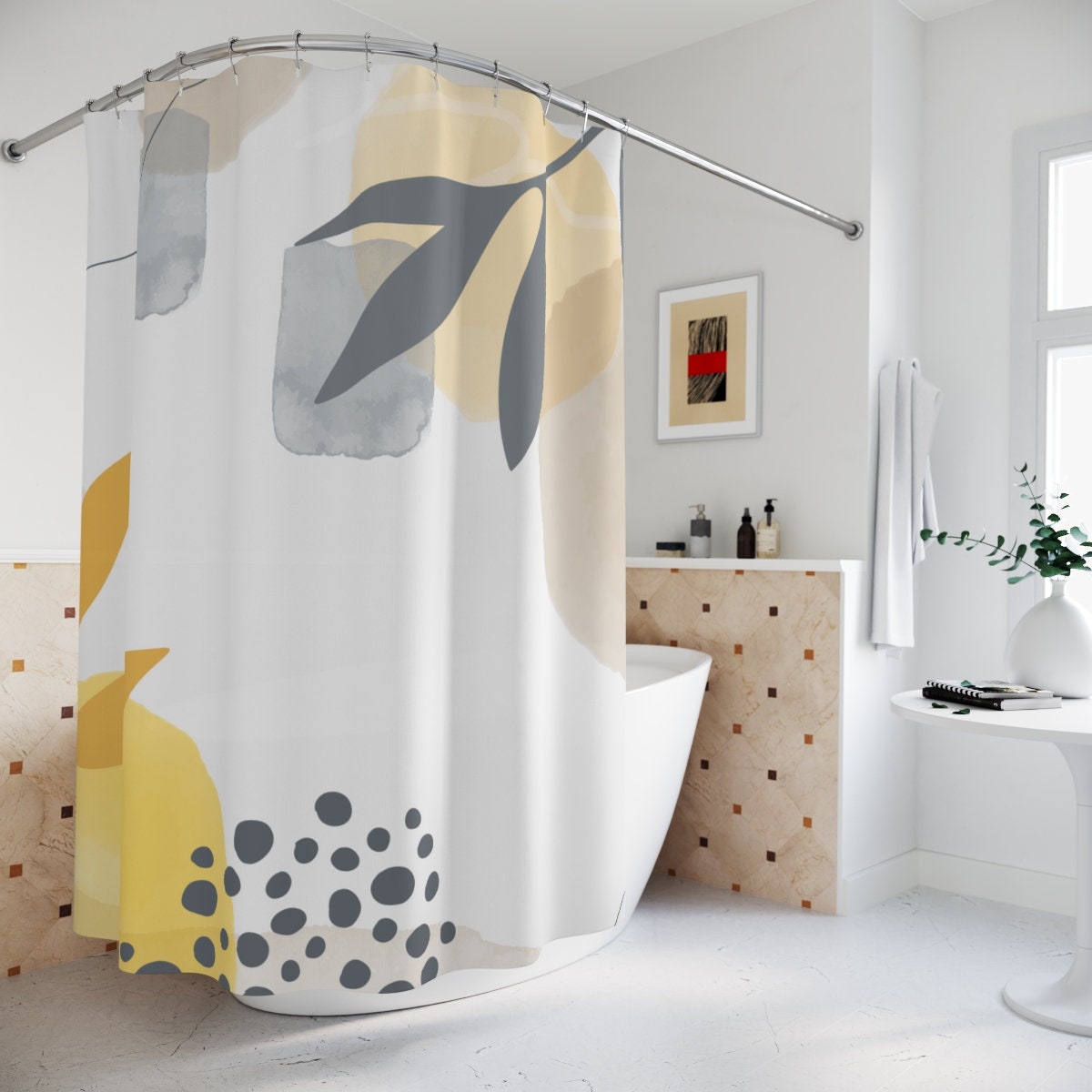 Tropical Contemporary Abstract Art Shower Curtain with Neutral Warm Earth Tones, Lakehouse Leaves Design