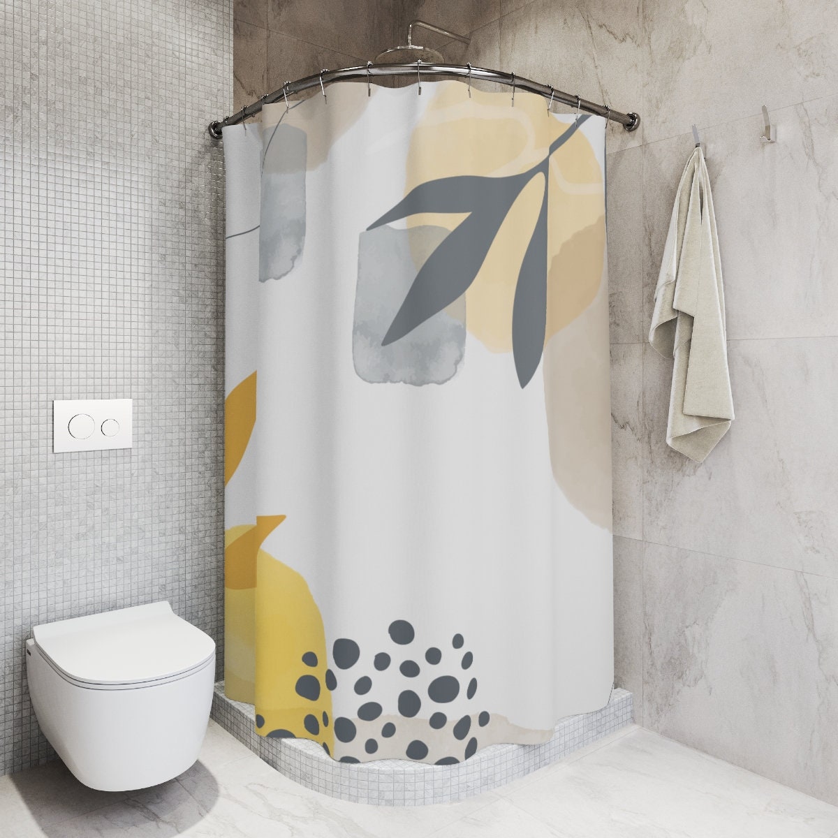 Tropical Contemporary Abstract Art Shower Curtain with Neutral Warm Earth Tones, Lakehouse Leaves Design - Image 2