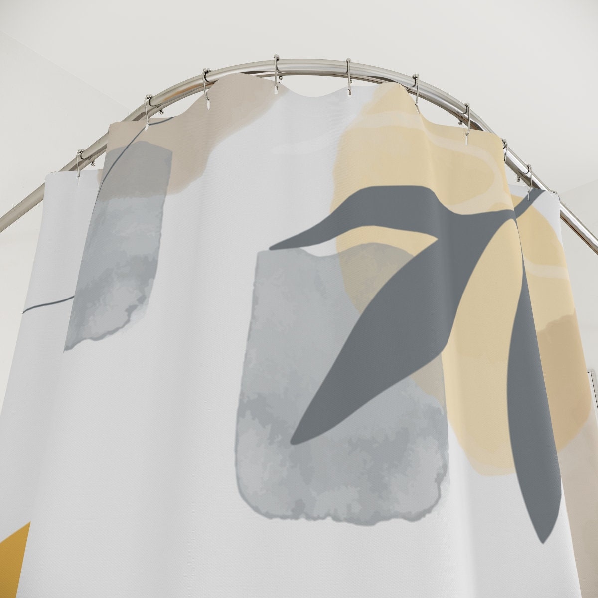 Tropical Contemporary Abstract Art Shower Curtain with Neutral Warm Earth Tones, Lakehouse Leaves Design - Image 4