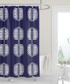 Tropical Island Dark Blue White Palm Fronds Modern Shower Curtain - Machine Washable