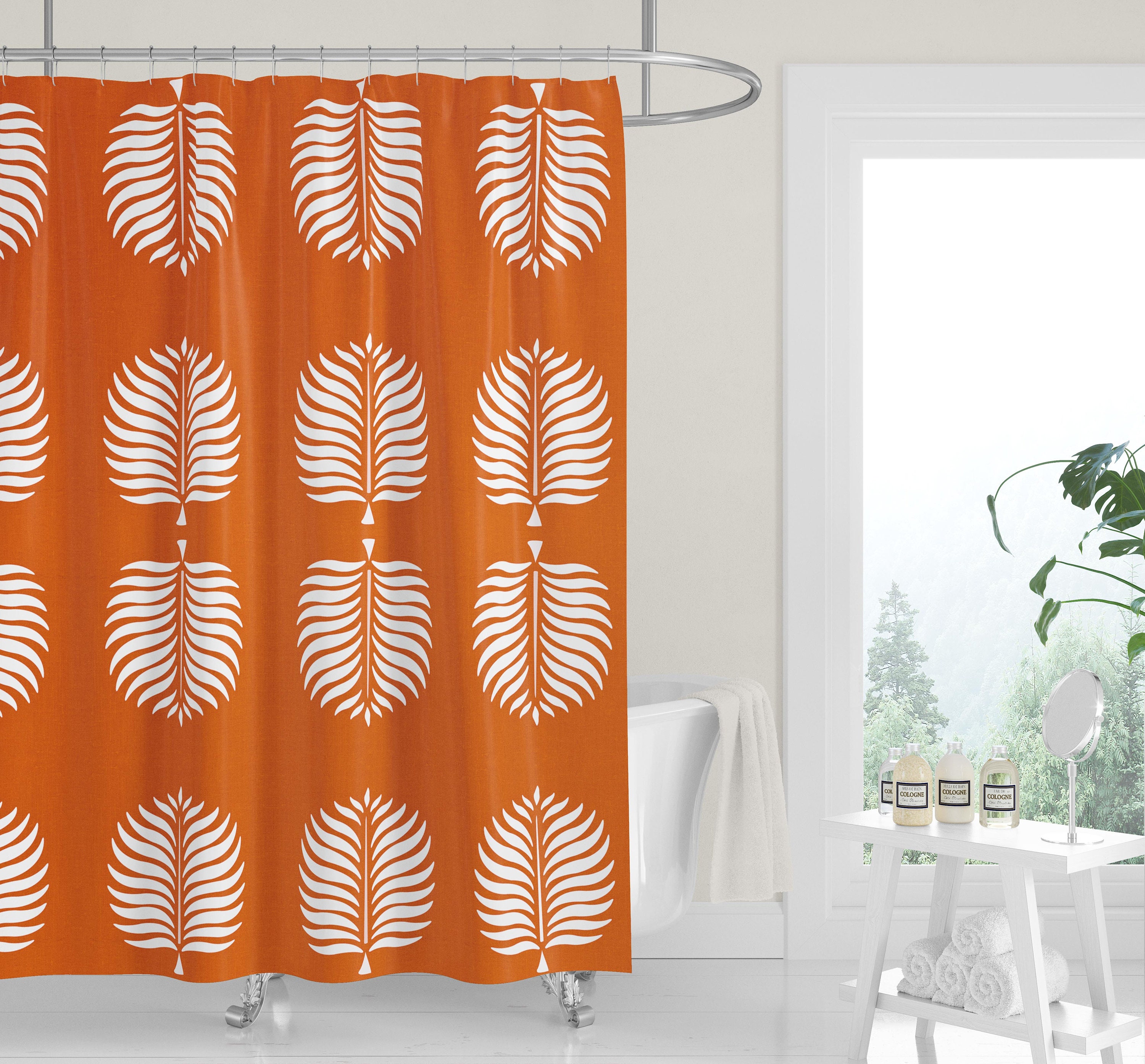 Tropical Island Dark Blue White Palm Fronds Modern Shower Curtain - Machine Washable - Image 3