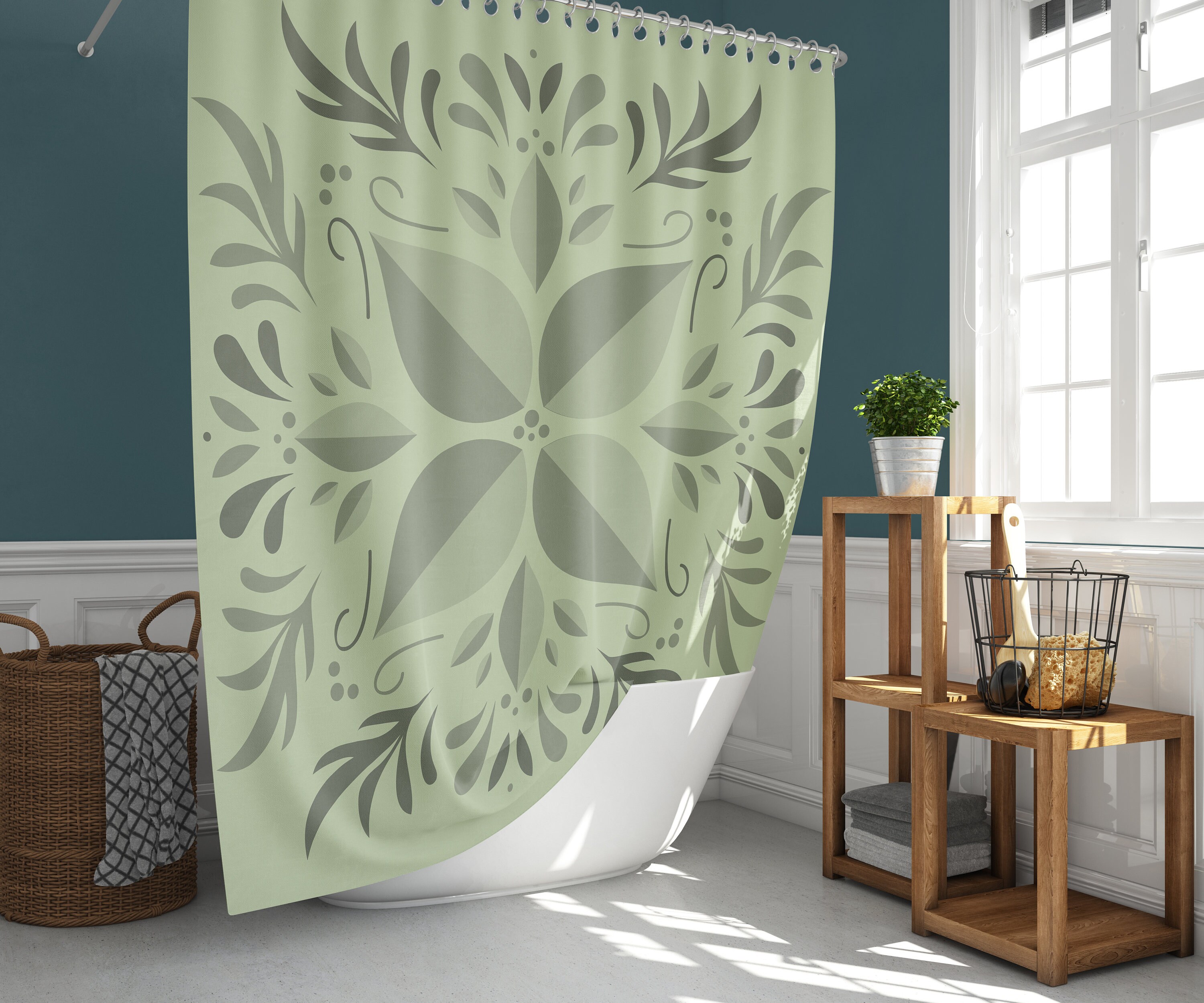 Tropical Leaves Shower Curtain | Green Leaves Graphic, Botanical Linen Bathroom Curtain and Mat