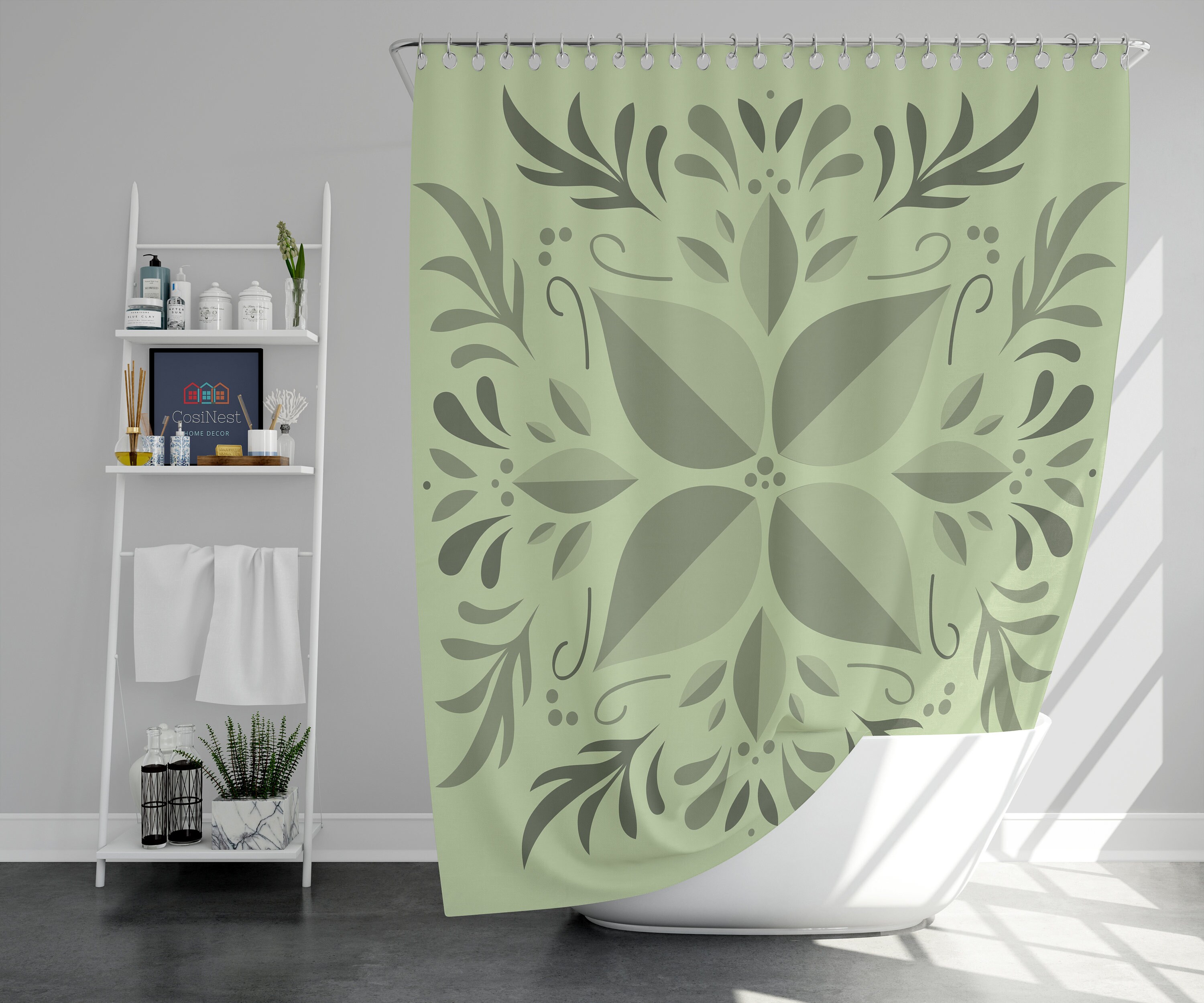 Tropical Leaves Shower Curtain | Green Leaves Graphic, Botanical Linen Bathroom Curtain and Mat - Image 2