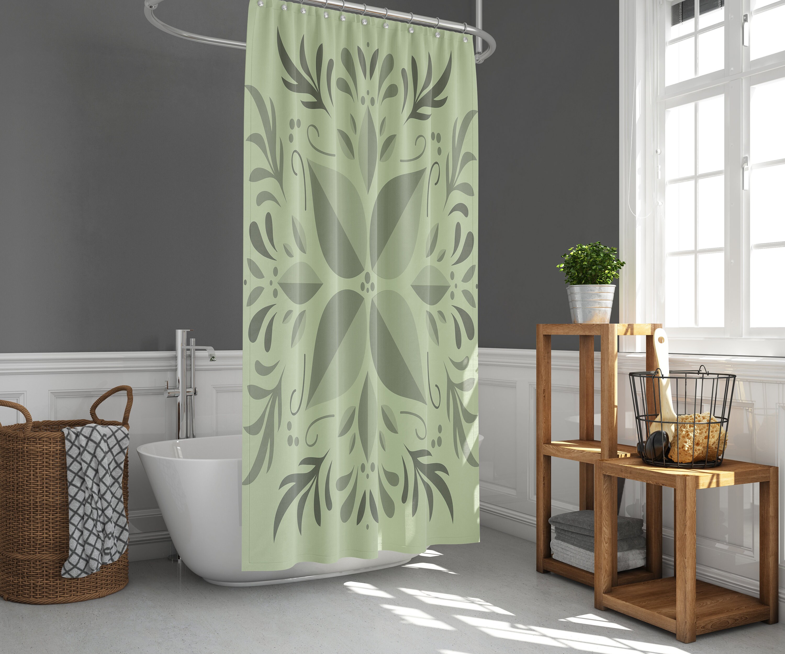 Tropical Leaves Shower Curtain | Green Leaves Graphic, Botanical Linen Bathroom Curtain and Mat - Image 3
