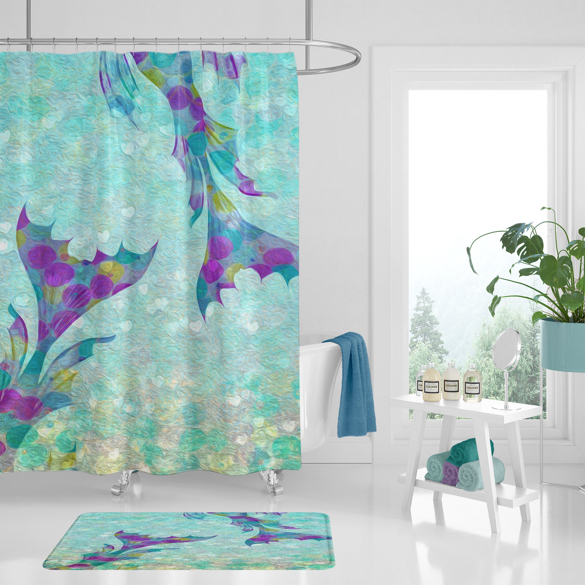 Tropical Mermaid Shower Curtain, Mermaid Bathroom Decor | tropical shower curtains
