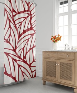 Tropical Mid Century Modern Red Shower Curtain - Minimalist Abstract with Leaf and Botanical Design for Bathroom Decor