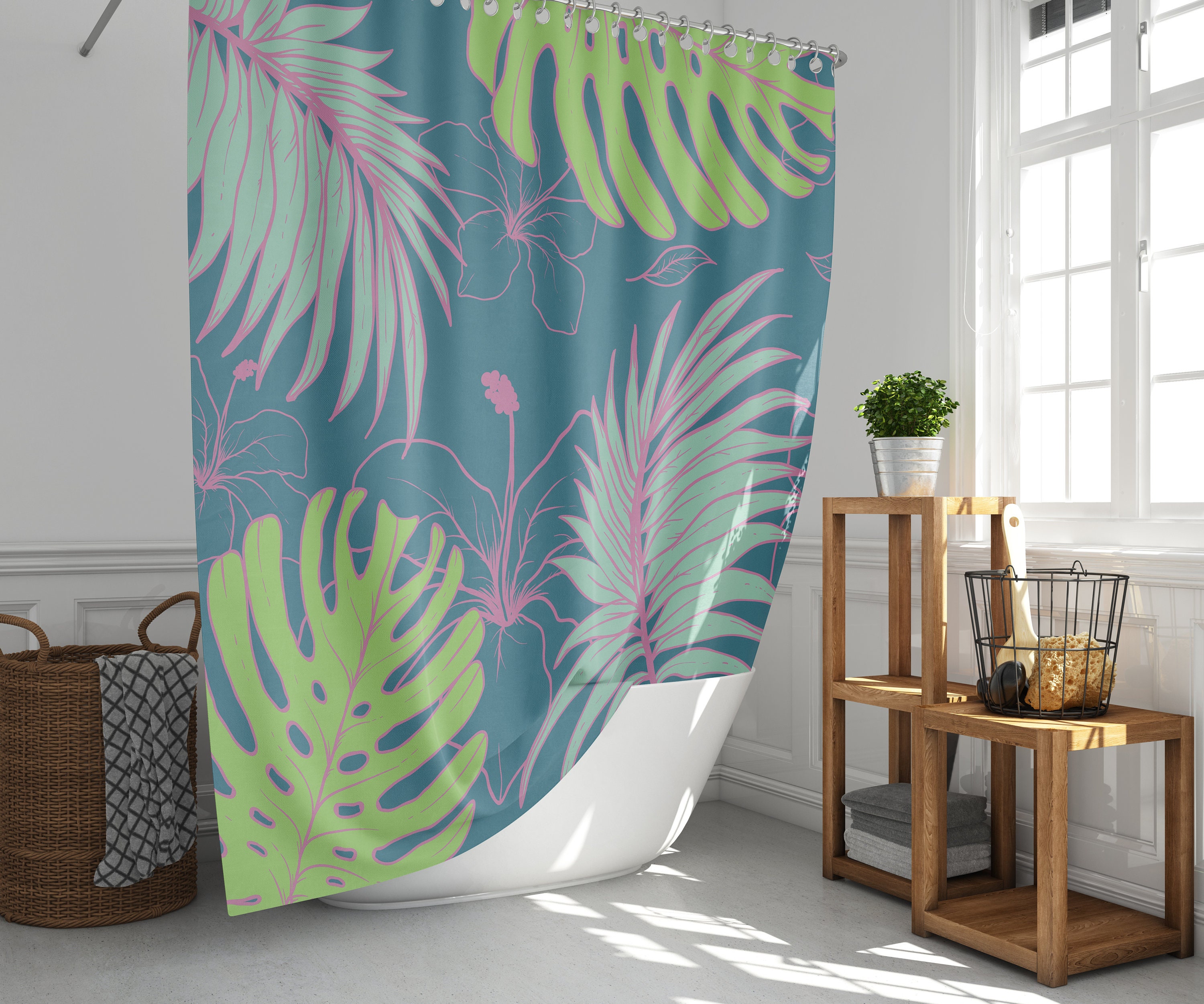 Tropical Palm Leaf Shower Curtain | Botanical Monstera Forest | Home Bathroom Decor | House Warming Gift