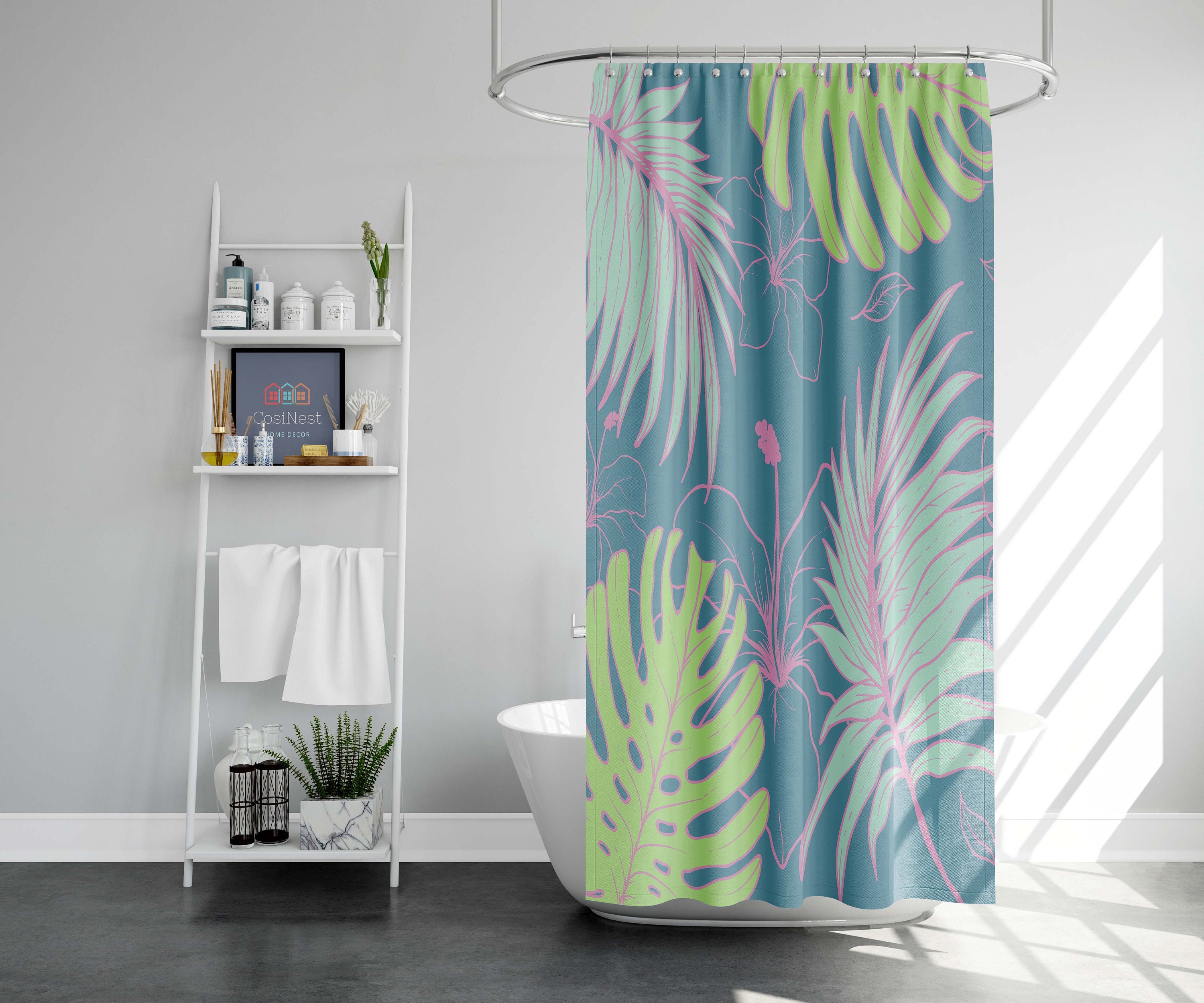 Tropical Palm Leaf Shower Curtain | Botanical Monstera Forest | Home Bathroom Decor | House Warming Gift - Image 2