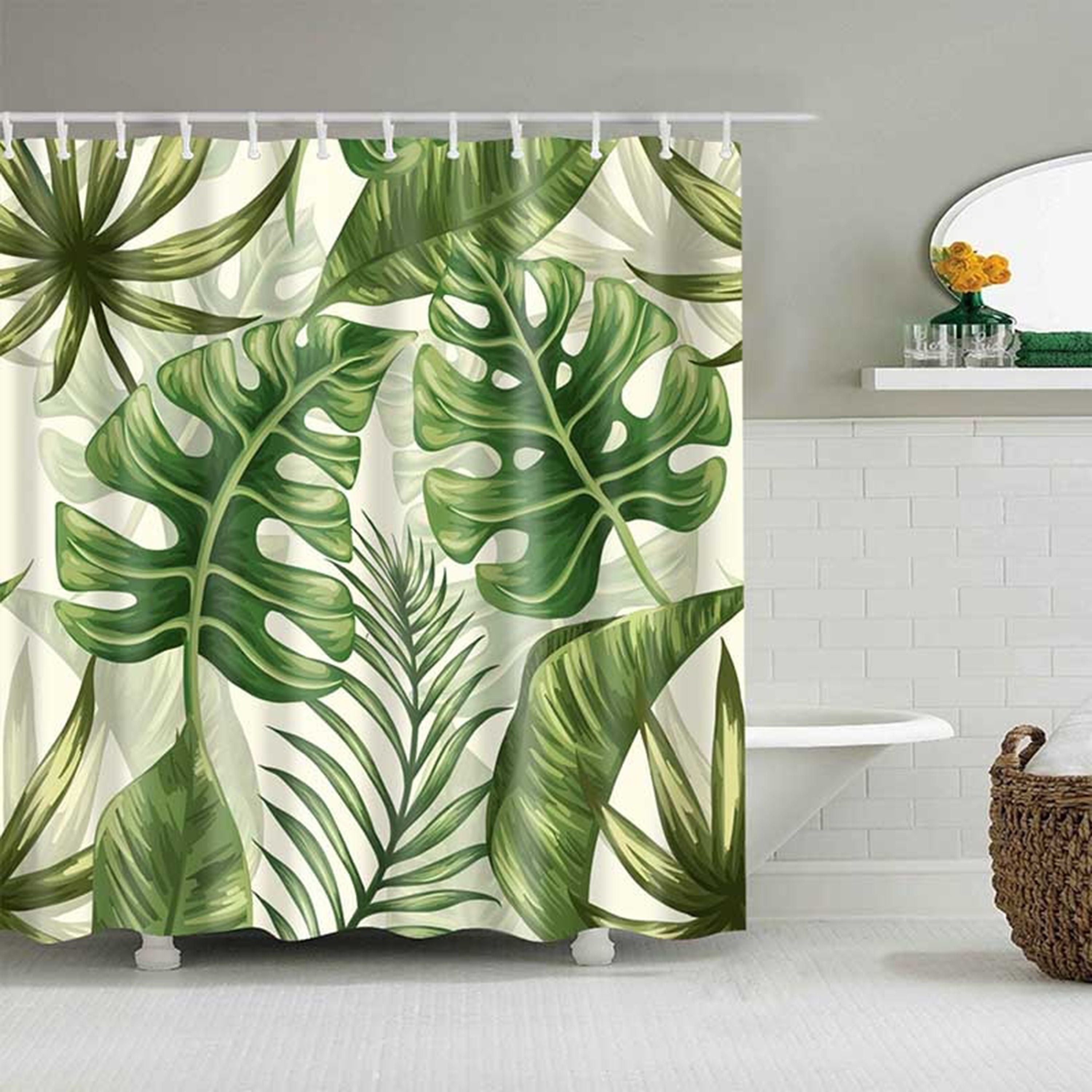 Tropical Palm Leaves Shower Curtain | Monstera Green Rain Forest Plant, Botanical Bathroom Curtain | Home Bath Decor