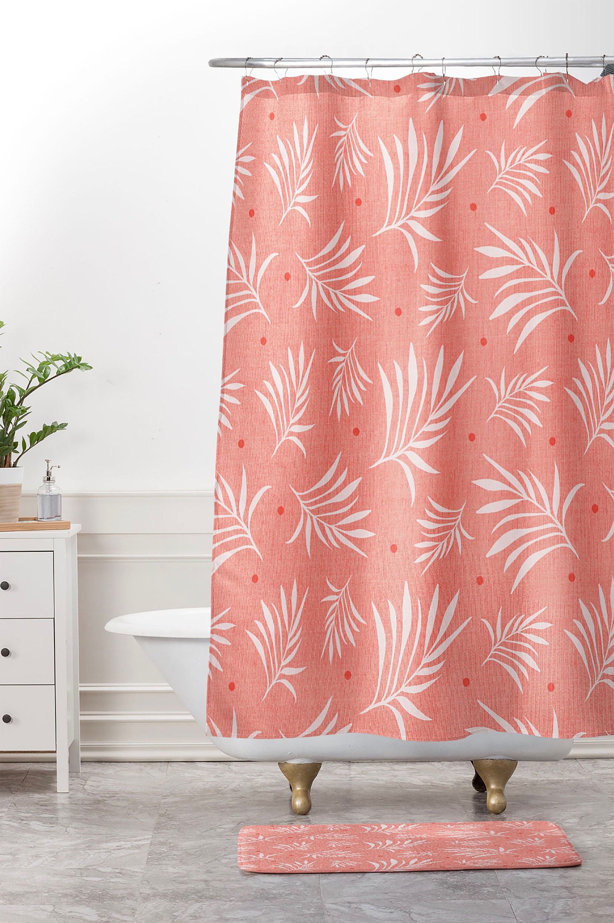 Tropical Print Shower Curtain with Living Coral Decor for a Surfer Beach House Bathroom