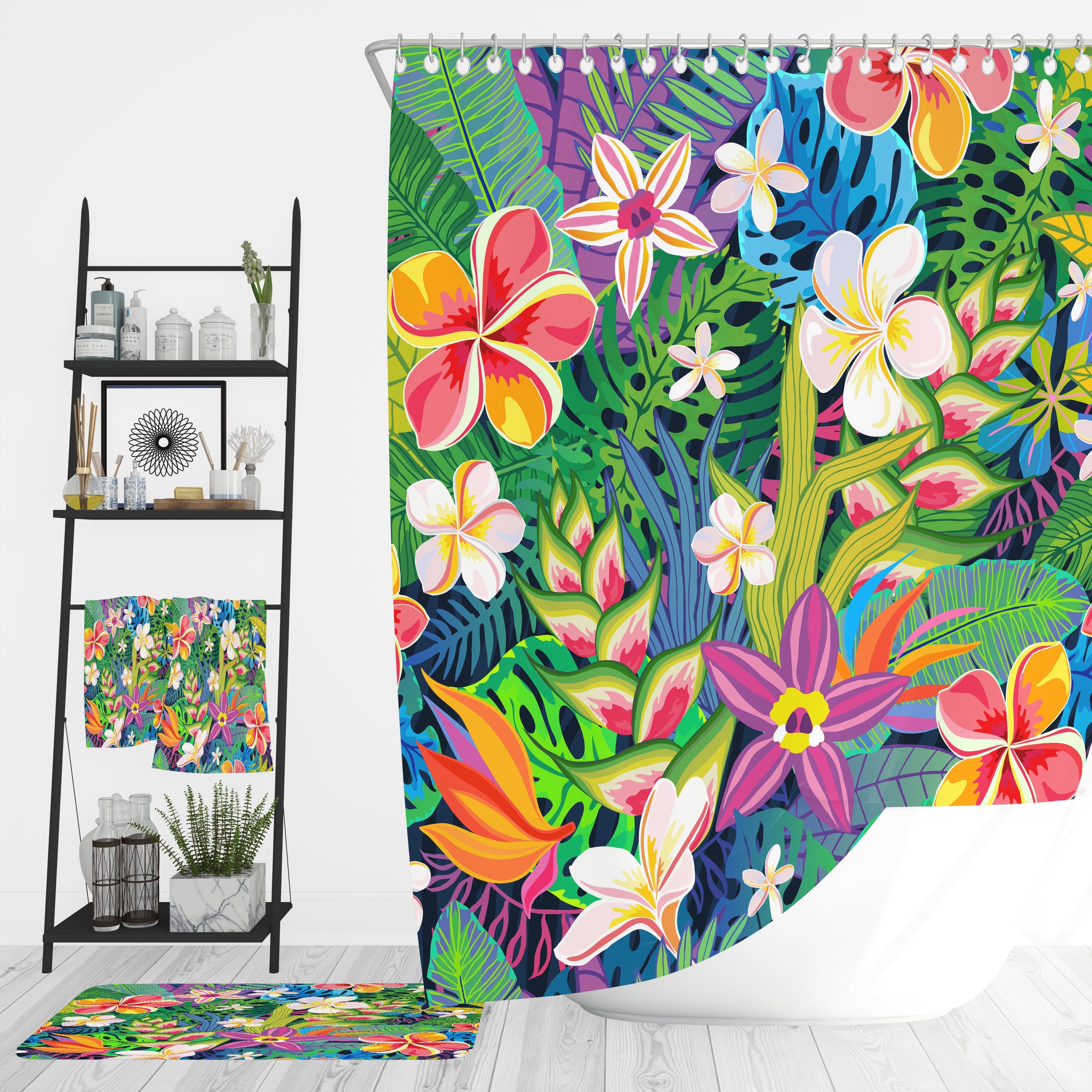 Tropical Wildflower Floral Shower Curtain Set with Bath Accessories