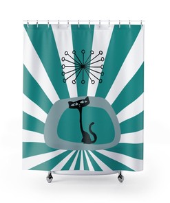 Turquoise Atomic Cat Kitsch Shower Curtain for Mid Century Modern Bath