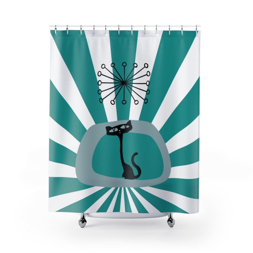 Turquoise Atomic Cat Kitsch Shower Curtain for Mid Century Modern Bath