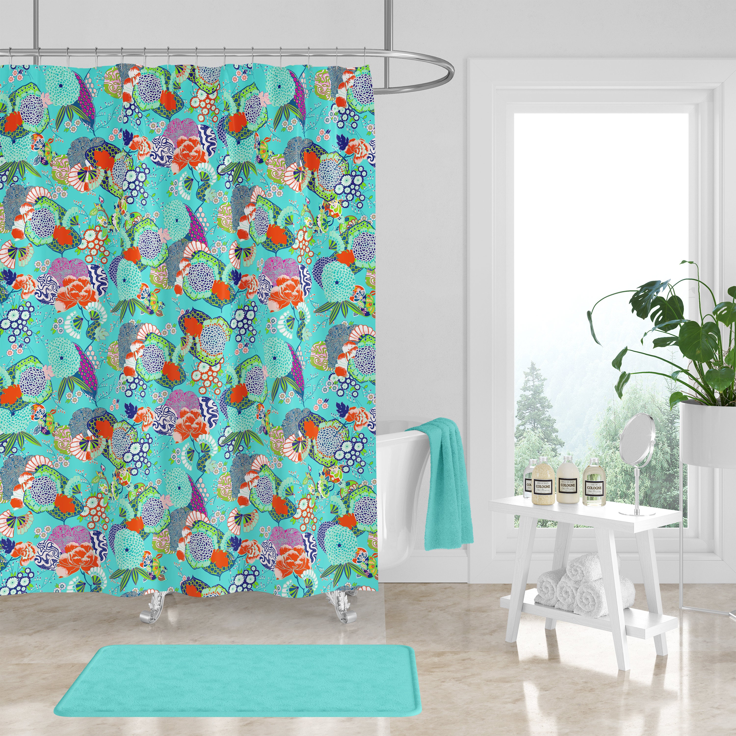 Turquoise Floral Shower Curtain - Chic Bath Curtain with Matching Towels and Optional Set for Modern Bathroom Decor