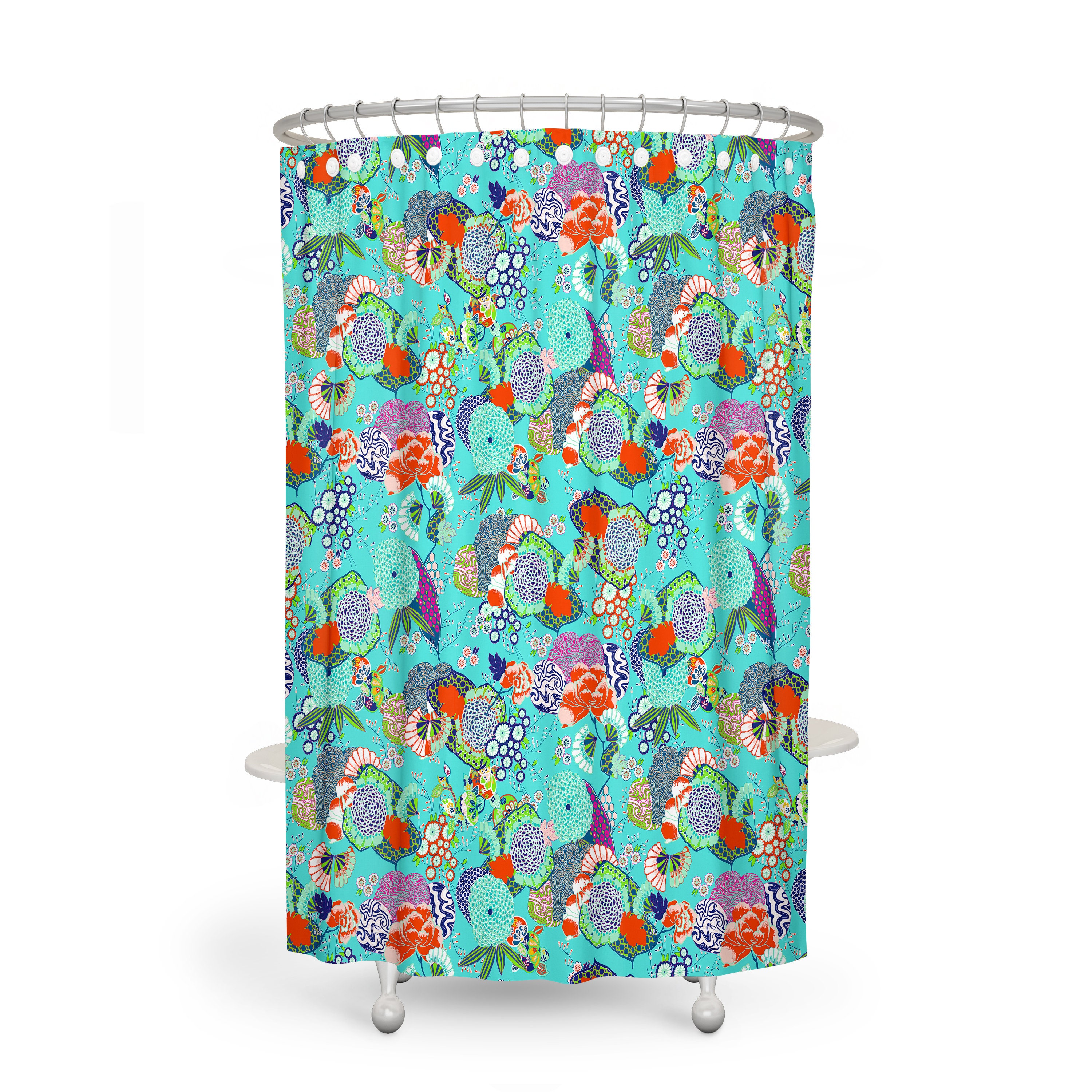 Turquoise Floral Shower Curtain - Chic Bath Curtain with Matching Towels and Optional Set for Modern Bathroom Decor - Image 2