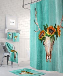 Turquoise Vintage Deer Skull Sunflower Shower Curtain