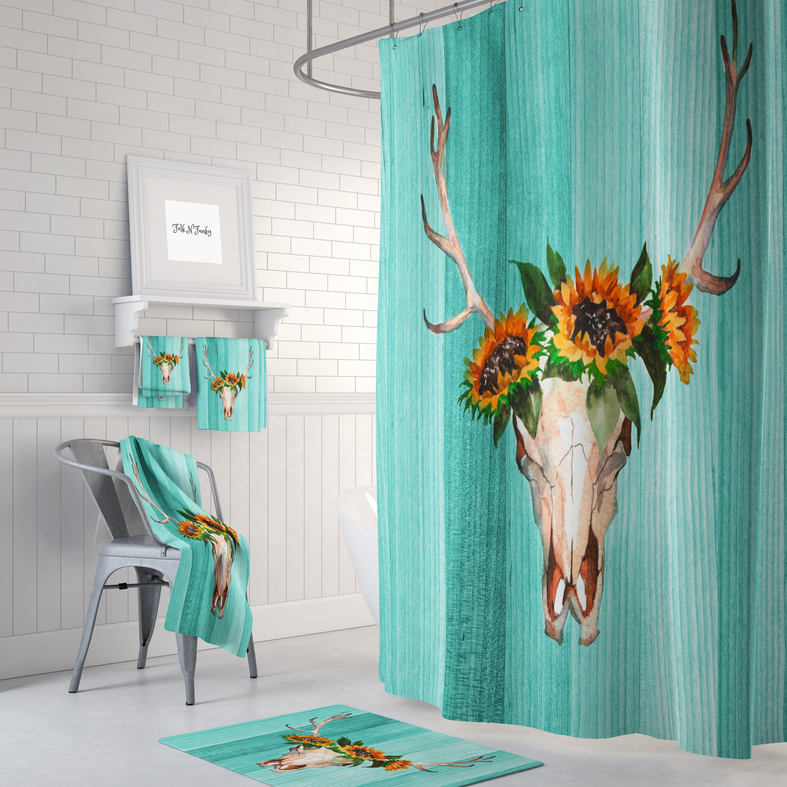 Turquoise Vintage Deer Skull Sunflower Shower Curtain