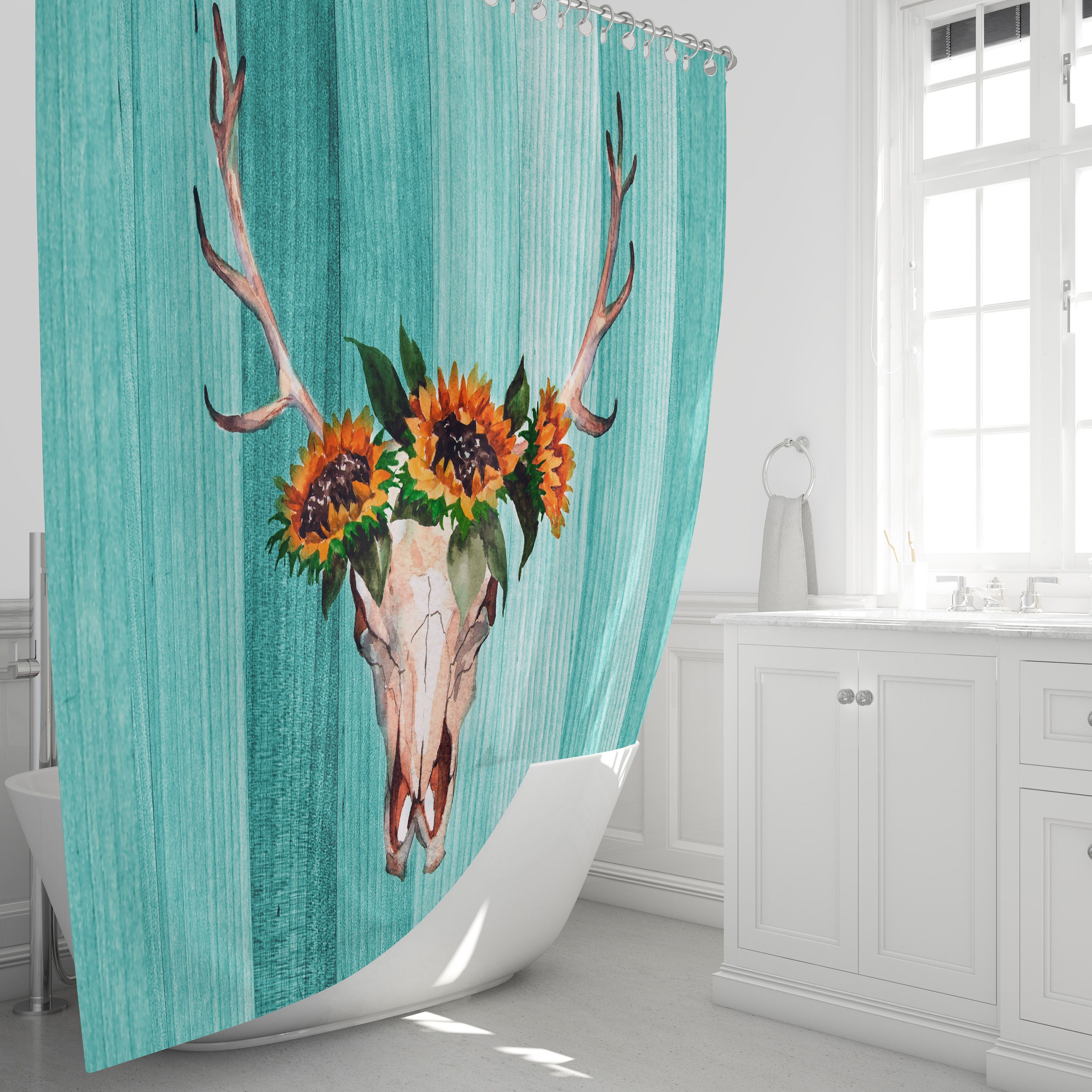 Turquoise Vintage Deer Skull Sunflower Shower Curtain - Image 2