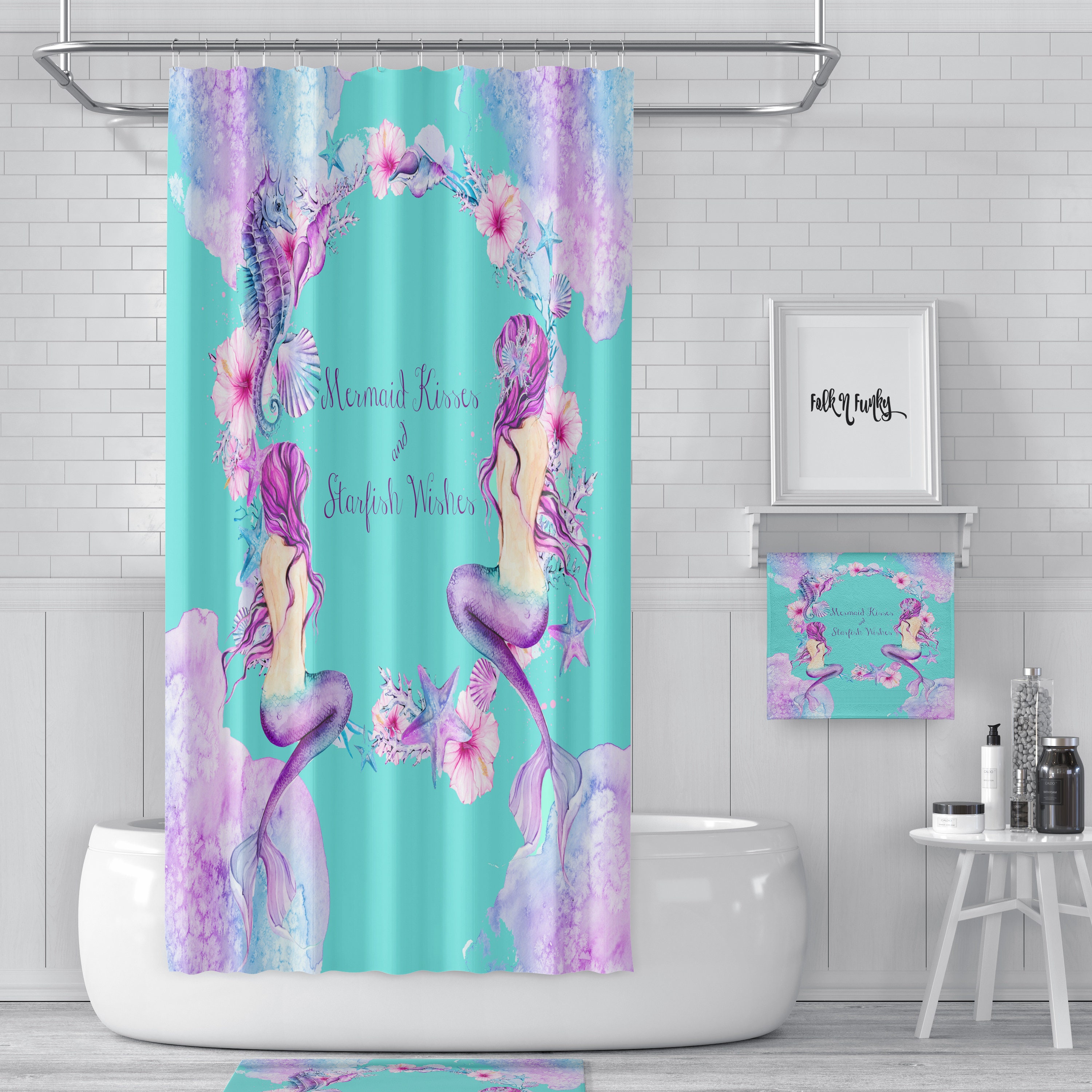 Turquoise and Pink Mermaid Shower Curtain, Add a Pop of Color to Your Bathroom - Image 2