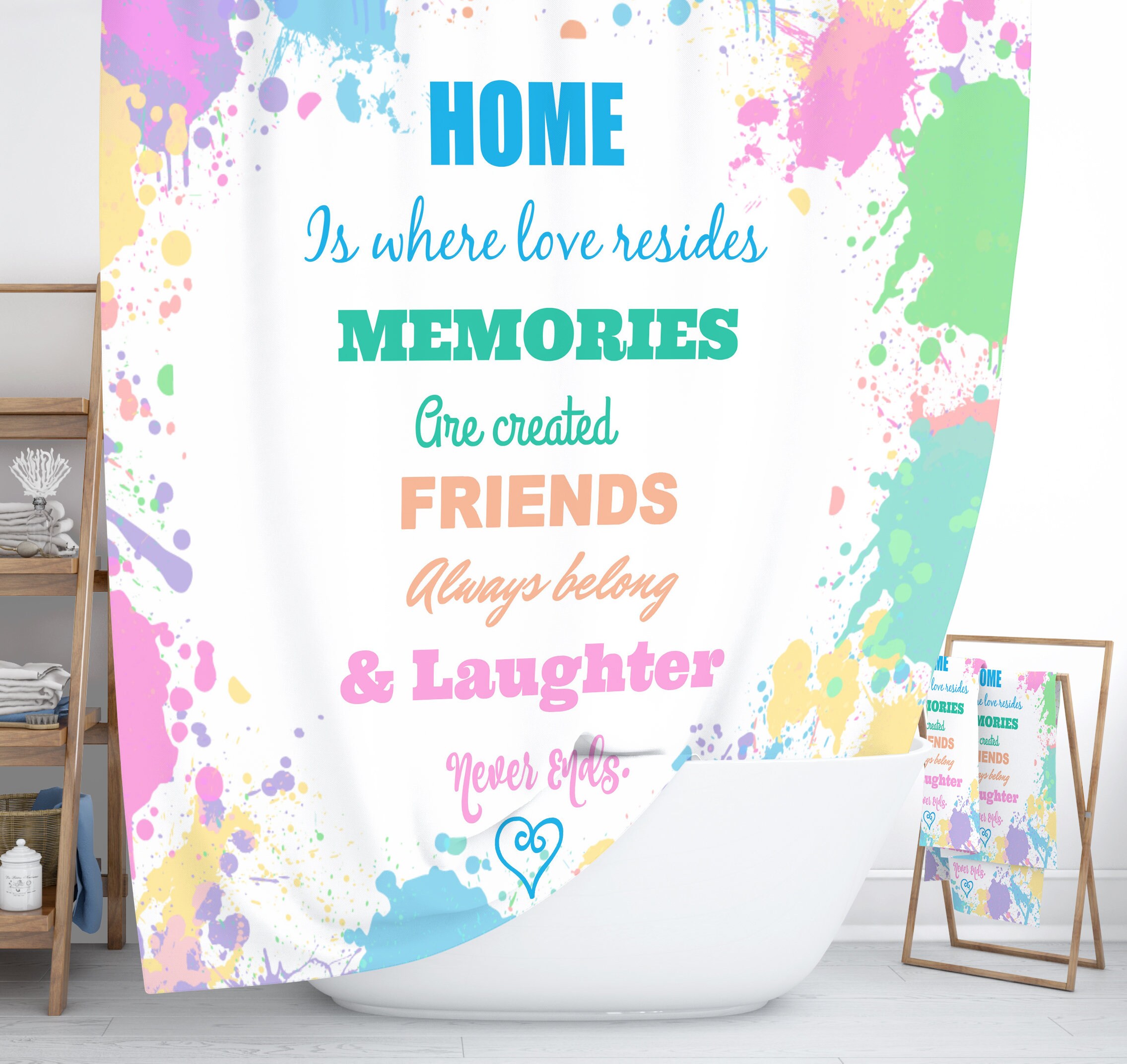 Typography Home Is Where The Heart Is Shower Curtain Set with Custom Bath Accessories