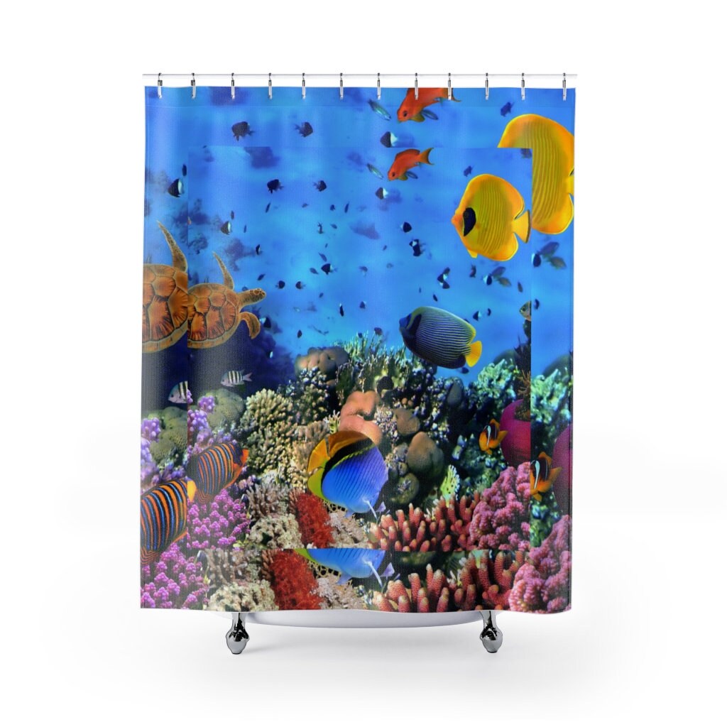 Underwater Coral Reef and Fish Shower Curtain for a Seaside Bathroom, 71 x 71 inch Curtain