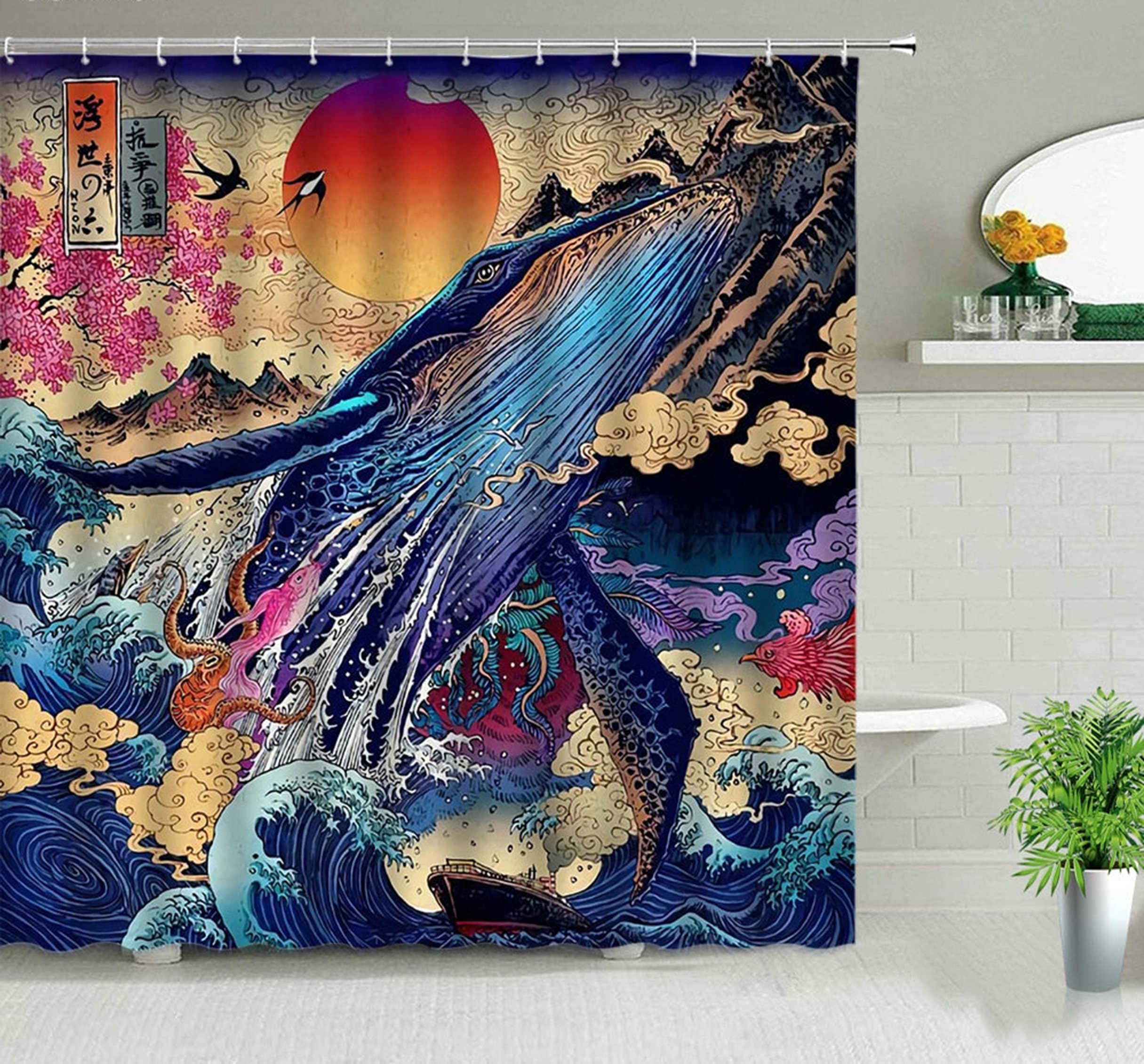 Underwater Whale Shower Curtain | Japanese Classic Fish Mammal Creature Home Bathroom Decor Ocean Theme | Gift for Kids