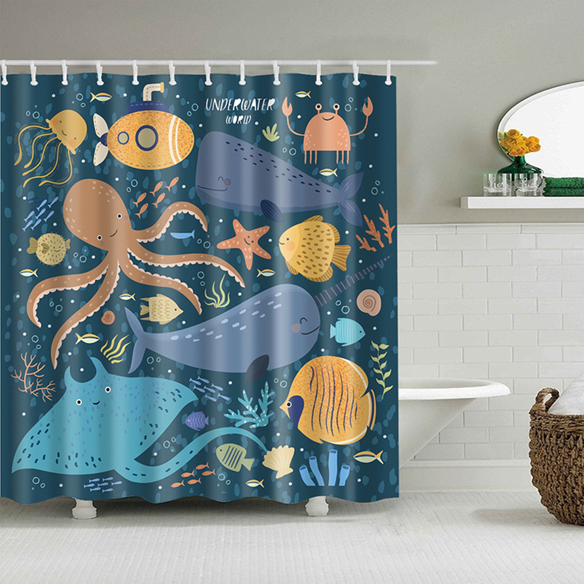 Underwater World Shower Curtain, Ocean Sea Creatures Bathroom Decor with Squid and Corals, Housewarming Gift Idea