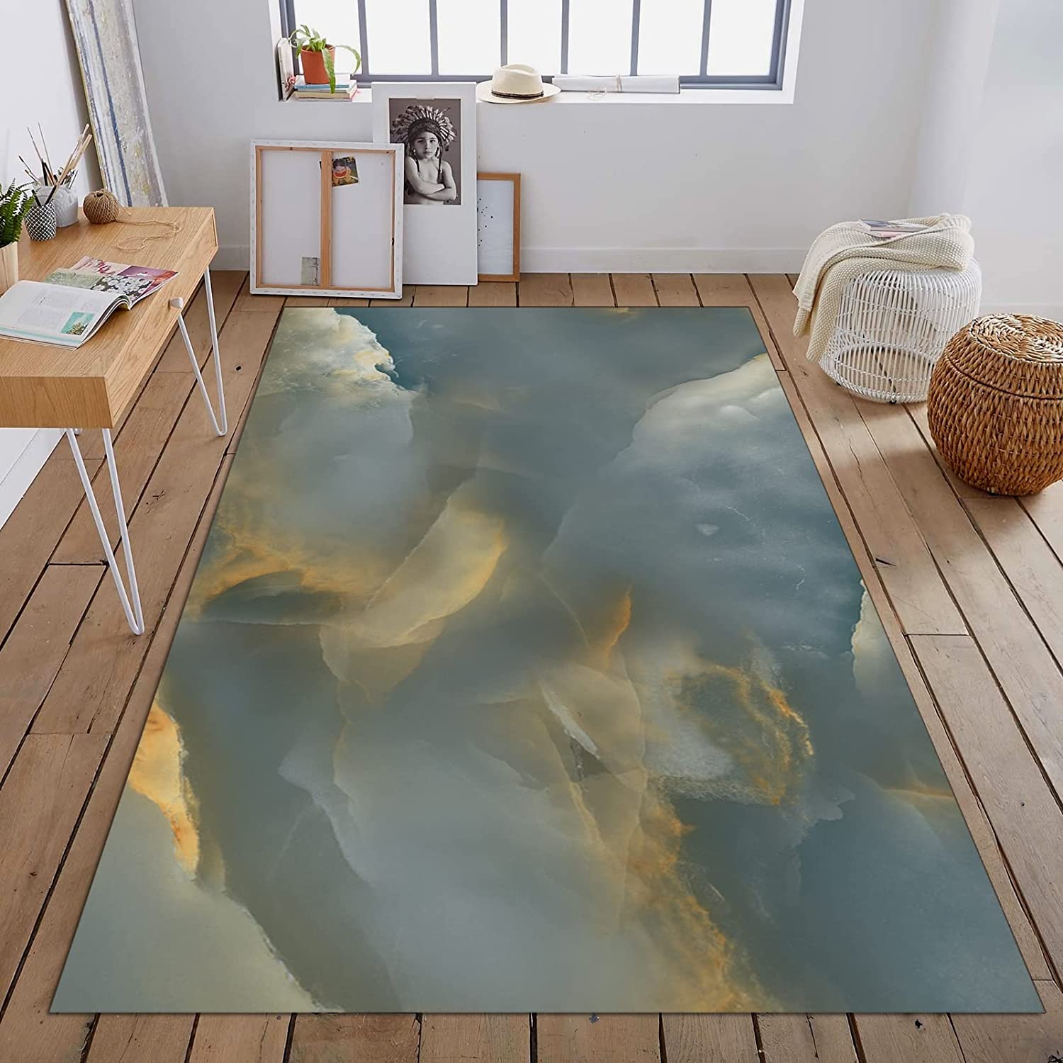 Unique Abstract Gray Clouds Area Rug with Trendy Golden Glow for Living Room Decor - Image 2