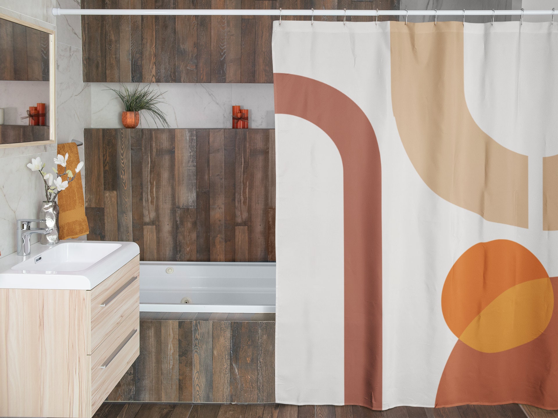 Unique Brown Rust Boho Shower Curtain, Geometric Abstract Bath Print, Modern Bathroom Design, New Home Gift Idea - Image 4