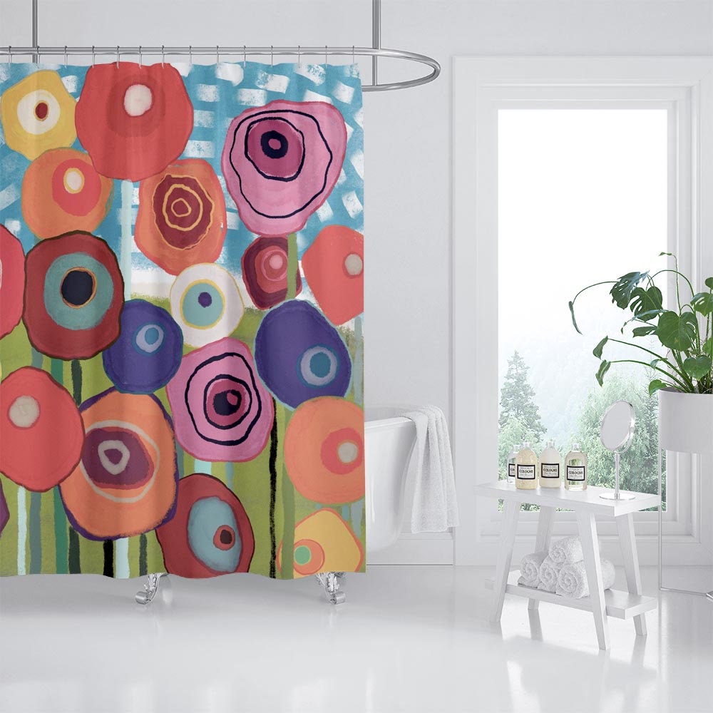 Unique Colorful Flowers Shower Curtain, Abstract Art Flora Extra Thick Curtain with Hooks - Image 2