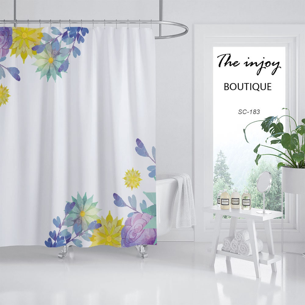 Unique Colorful Flowers Shower Curtain, Spring Yellow Plant Bathroom Decor - Image 2