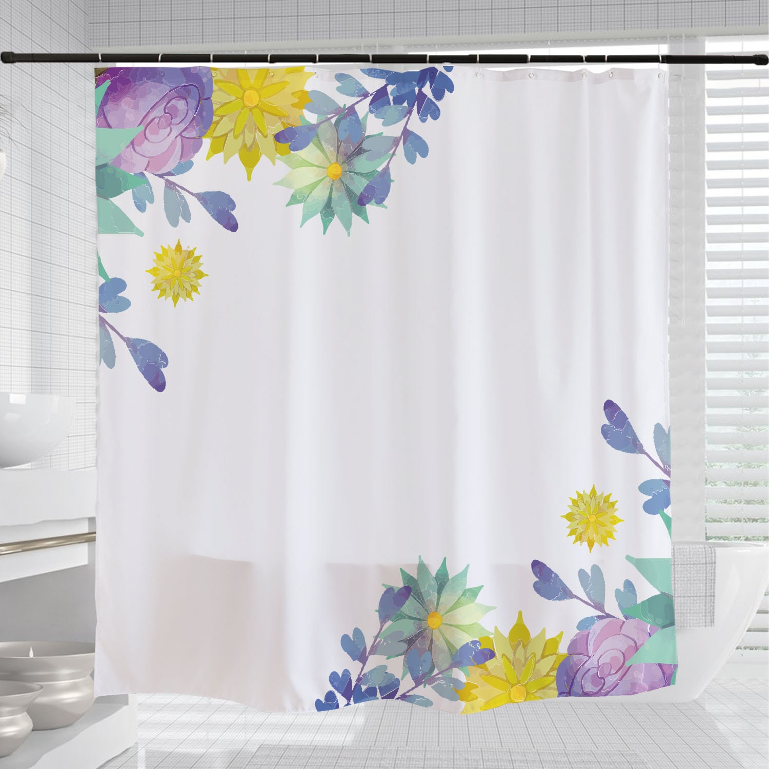 Unique Colorful Flowers Shower Curtain, Spring Yellow Plant Bathroom Decor - Image 3