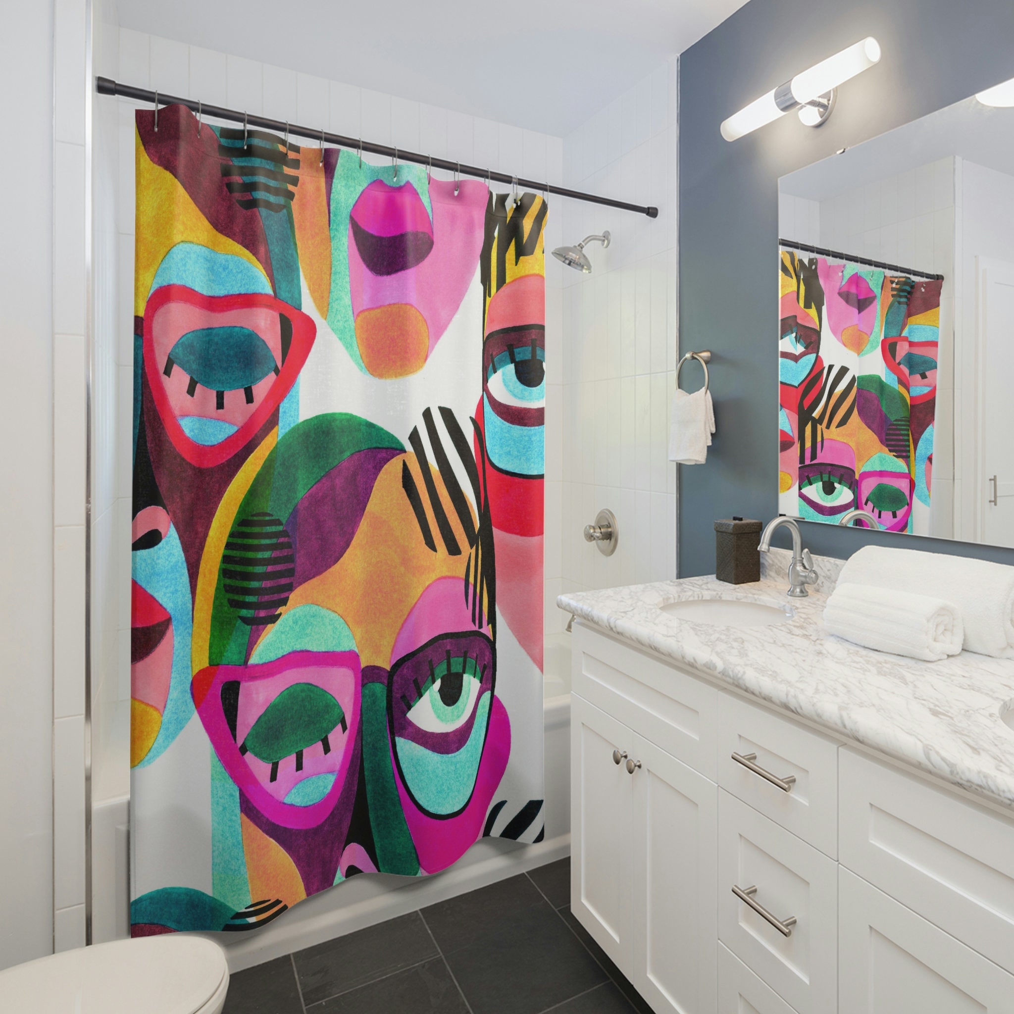 Unique Cubism Art Shower Curtain Abstract Art Print for Eclectic Bathroom Decor and Housewarming Gift - Image 2