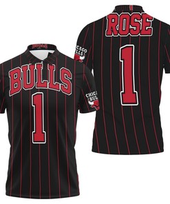 Unique Derrick Rose 1 NBA Throwback Red Stripes Black Jersey Inspired 3D All Over Print Breathable Fabric Polo Shirt