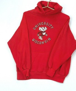 University of Wisconsin Badgers Vintage Red Hoodie Sweatshirt - NCAA 80s Football Apparel