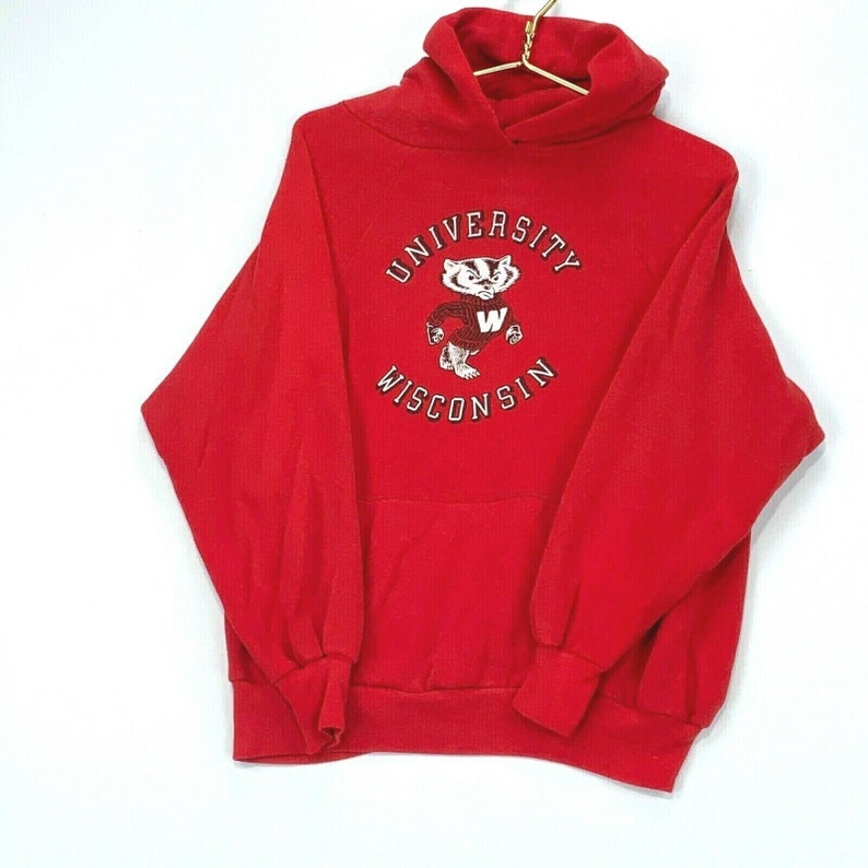 University of Wisconsin Badgers Vintage Red Hoodie Sweatshirt - NCAA 80s Football Apparel