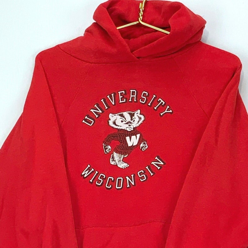 University of Wisconsin Badgers Vintage Red Hoodie Sweatshirt - NCAA 80s Football Apparel - Image 2
