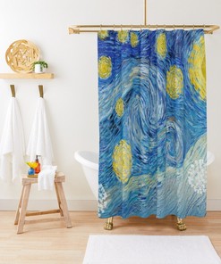 Van Gogh Starry Night Art Shower Curtain | Blue Eco-Friendly Polyester Curtain + Hooks | Bathroom Decor + Quotes