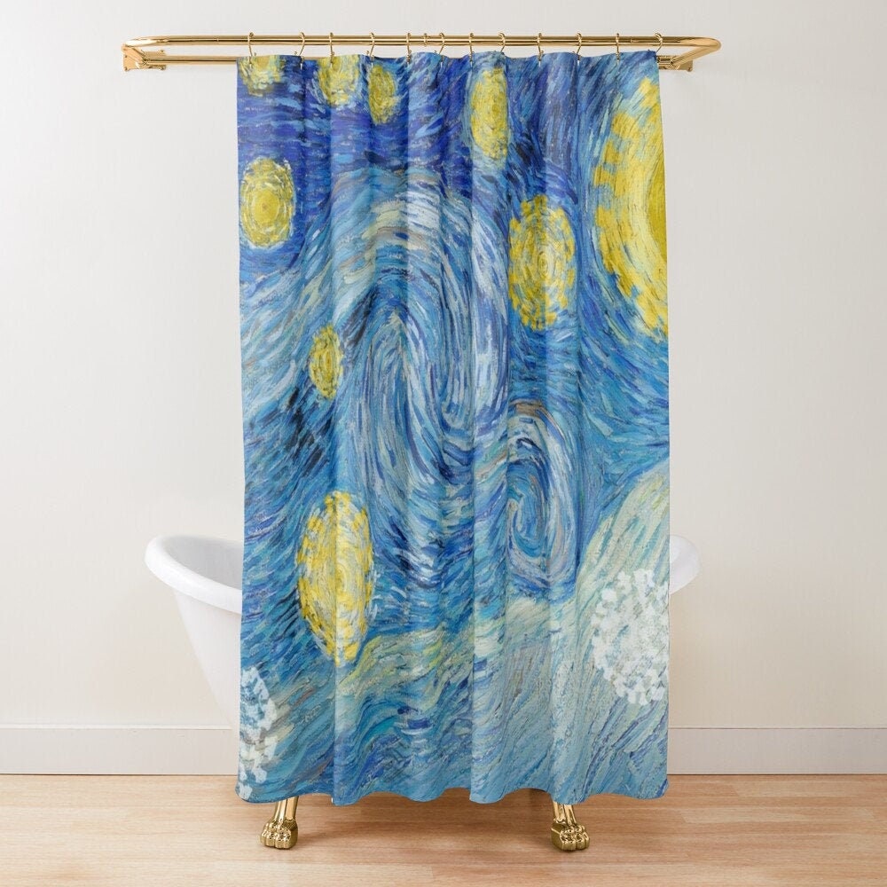 Van Gogh Starry Night Art Shower Curtain | Blue Eco-Friendly Polyester Curtain + Hooks | Bathroom Decor + Quotes - Image 2