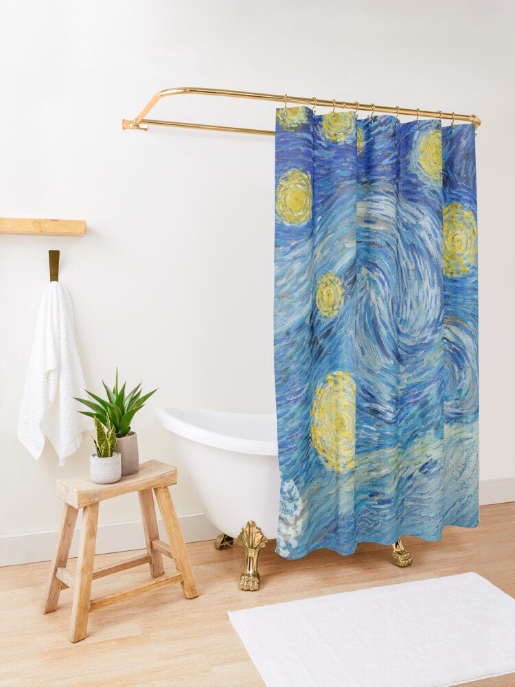 Van Gogh Starry Night Art Shower Curtain | Blue Eco-Friendly Polyester Curtain + Hooks | Bathroom Decor + Quotes - Image 3