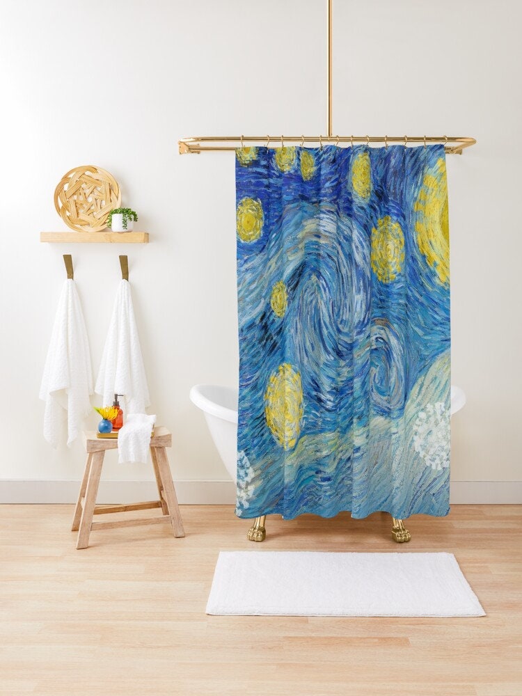 Van Gogh Starry Night Art Shower Curtain | Blue Eco-Friendly Polyester Curtain + Hooks | Bathroom Decor + Quotes - Image 4