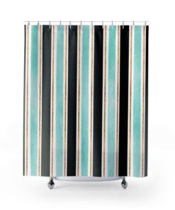 Vertical Stripes Shower Curtain with Black, Aqua and Gold Glitter Stripes Decor, Boho Bath Curtain, Bathed in Luxury